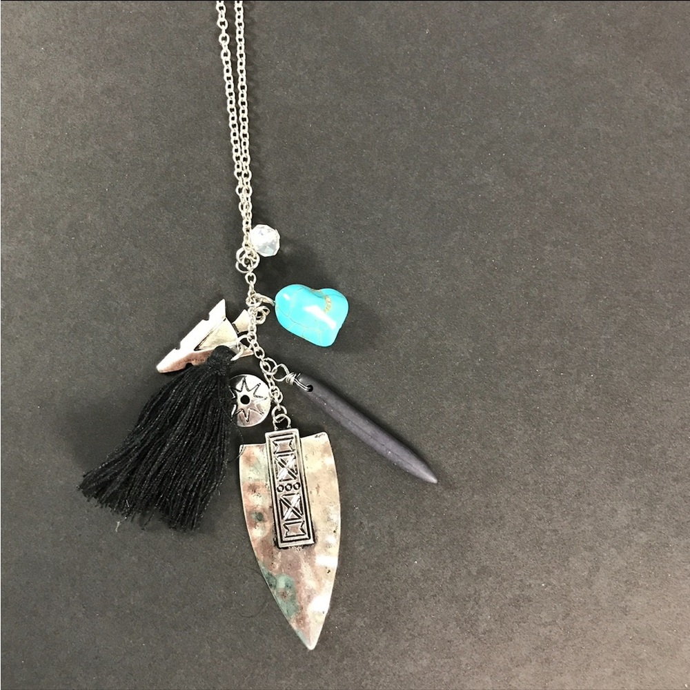 Silver and‎ Black Tassel Necklace with Turquoise Stone